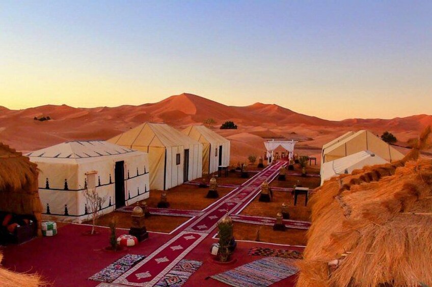 A desert camp with tents and a carpeted walkway. 3