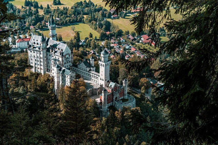 A castle surrounded by forest and a village. 1
