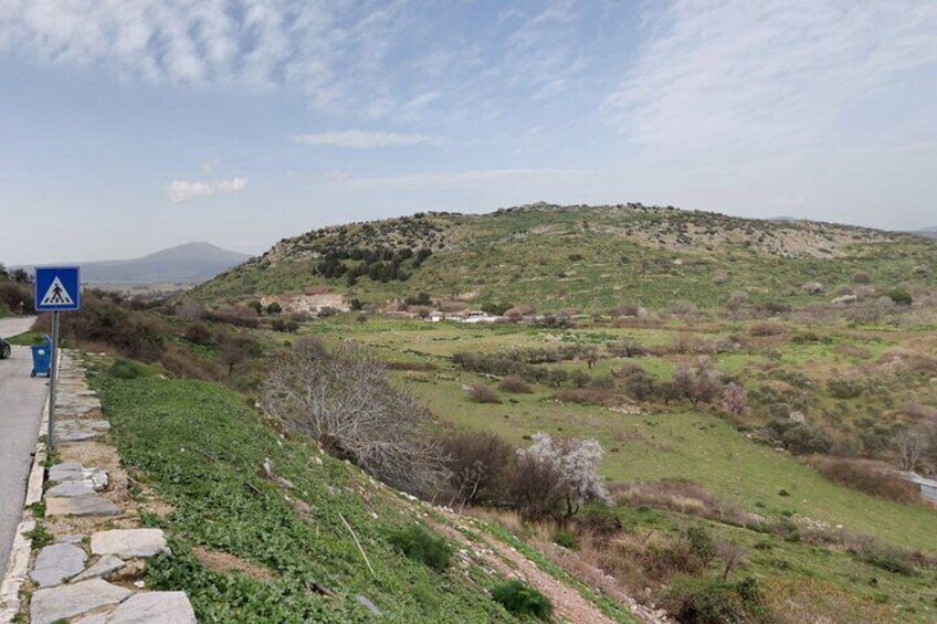 A rural landscape with a stone path, grassy fields, and a hill in the distance. 3
