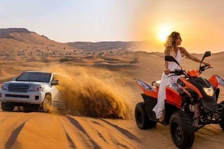 A person riding an ATV in a desert with a white SUV nearby. 5