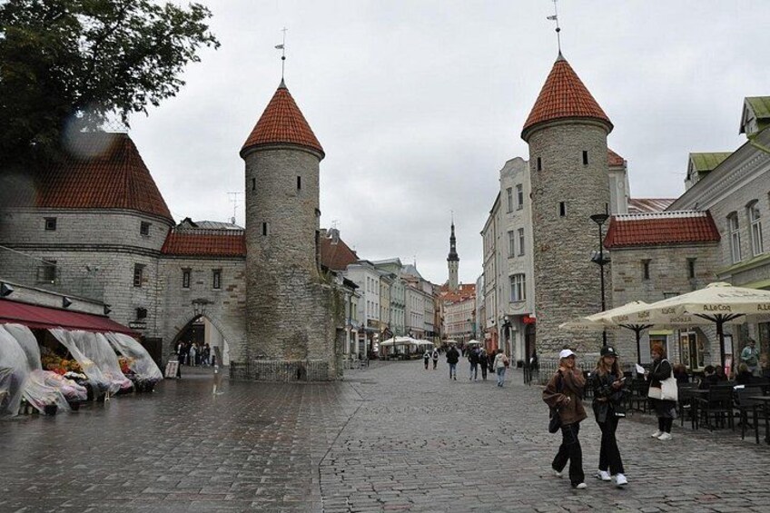 A cobblestone street with historic stone buildings and towers. 4