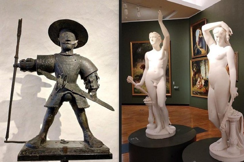 A museum interior with a medieval knight statue on the left and classical sculptures on the right. 1