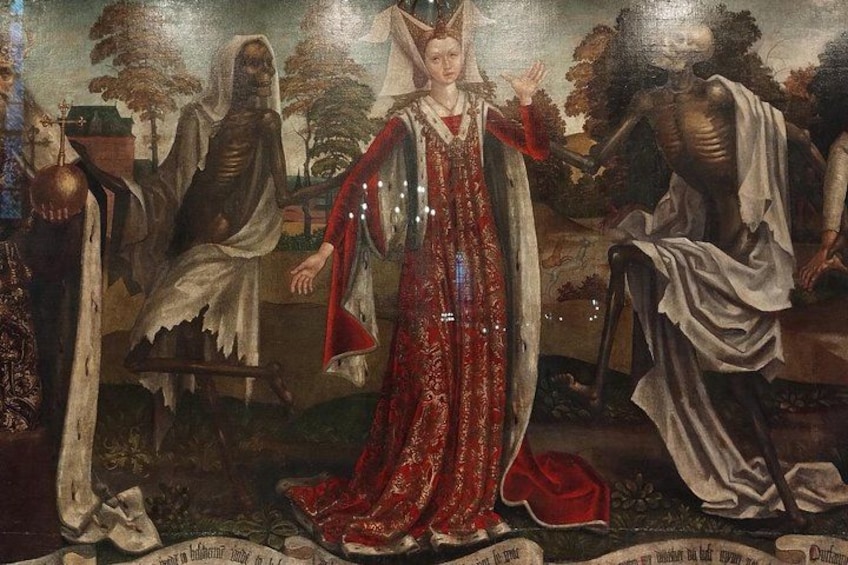 A historical painting with a central figure in a red robe, two skeletons, and a landscape background. 3