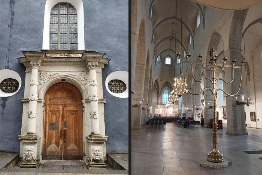A church interior with arched ceilings, a wooden door, and a candelabra. 4