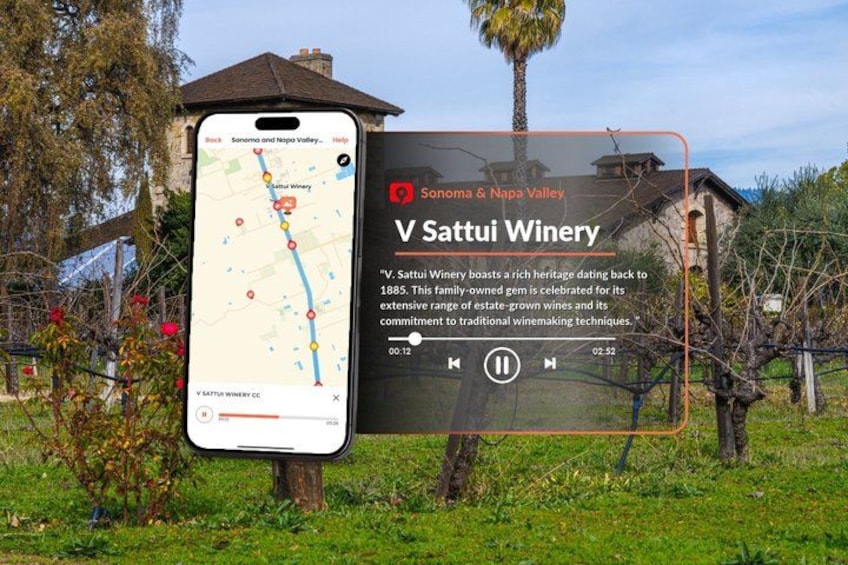 A smartphone displaying a map with a location marker, a signboard for V Sattui Winery, and a vineyard in the background. 5
