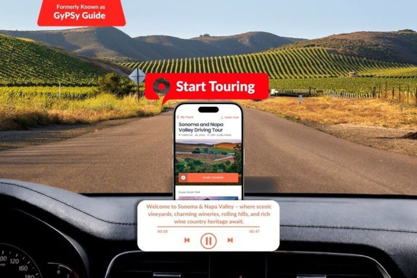 A smartphone mounted on a car dashboard displaying a Sonoma and Napa Valley Driving Tour app. 1