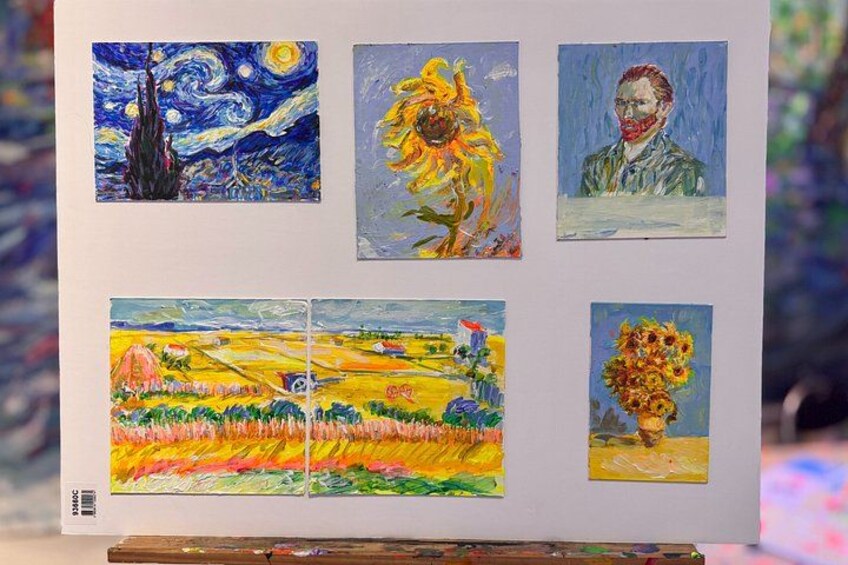 Six paintings on a wall. 2