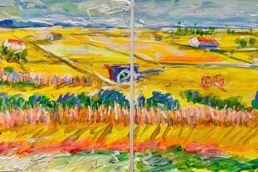 A vibrant landscape with fields, a windmill, and a fence. 3