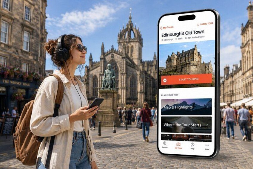 A smartphone displaying a tour app with Edinburgh's Old Town. 1