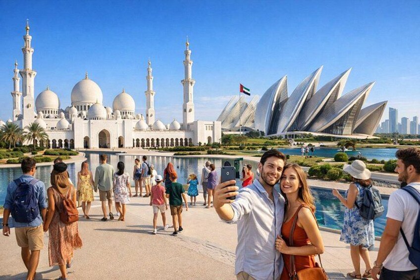 A group of people taking a selfie in front of the Sheikh Zayed Grand Mosque and the Dubai Opera. 1