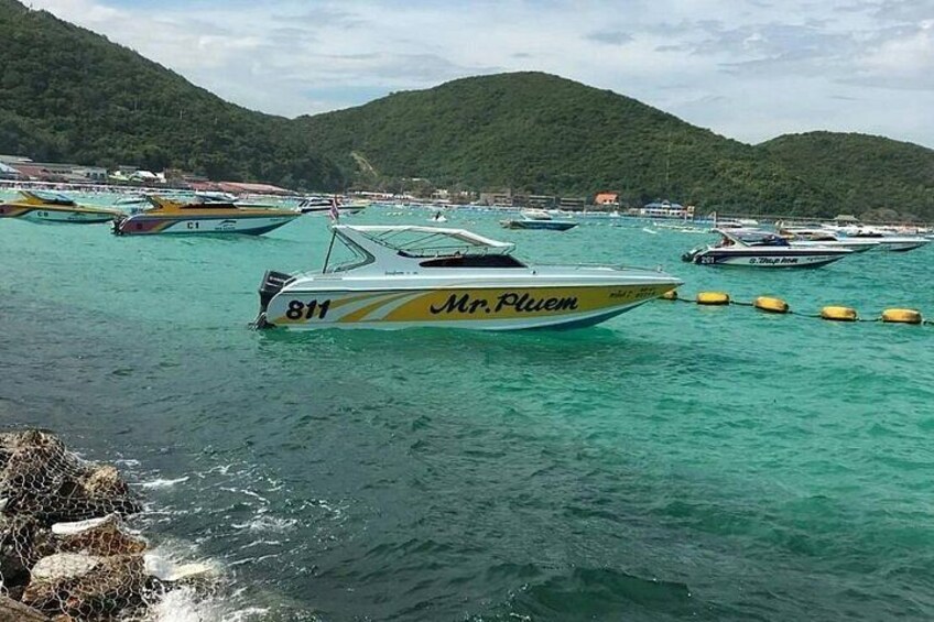 A boat named 'Mr. Pluem' with the number 811 anchored in a marina surrounded by other boats, with a mountainous landscape in the background. 1