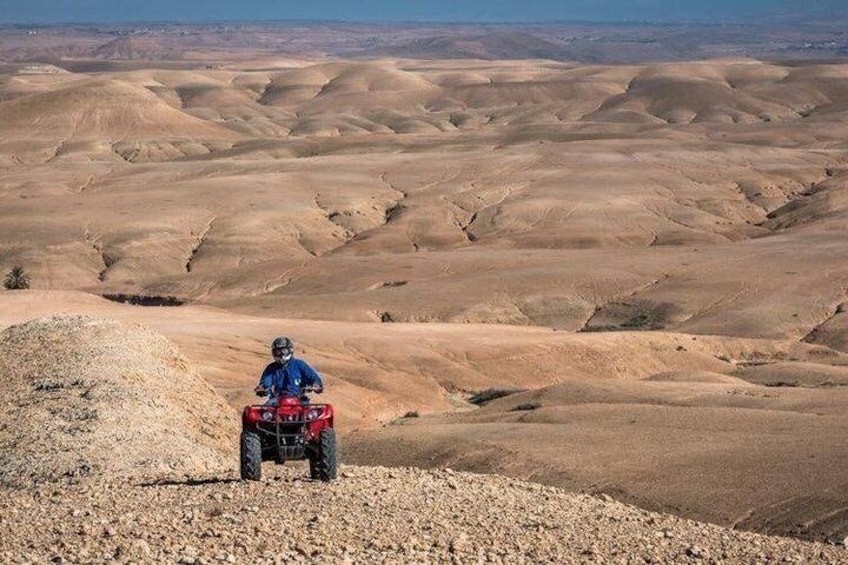 A person on a red quad bike in a desert landscape with rolling hills. 3