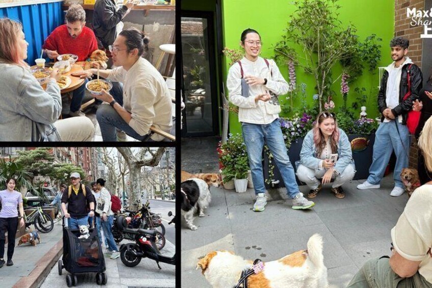 People dining, a motorcycle, and a dog in an outdoor setting. 5