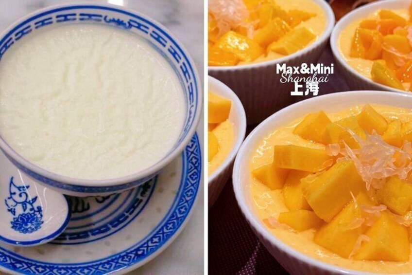A bowl of creamy dessert with mango chunks on top. 2