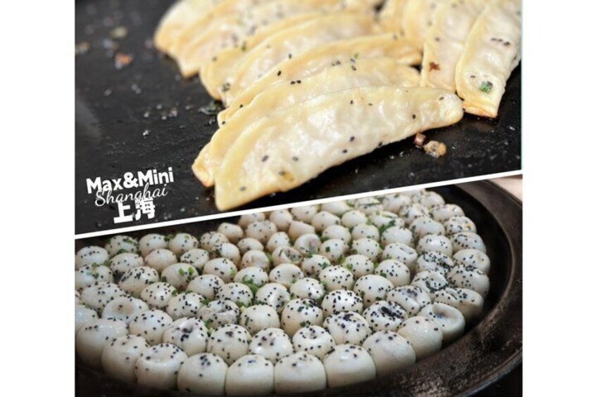 Dumplings being cooked on a flat griddle. 4
