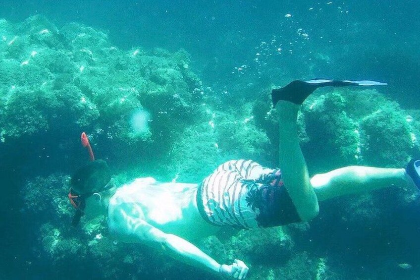 A person snorkeling underwater with fins and a snorkel. 3