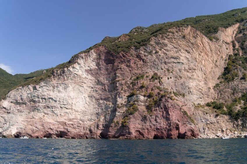 A coastal cliff with a steep drop into the sea, surrounded by greenery. 5