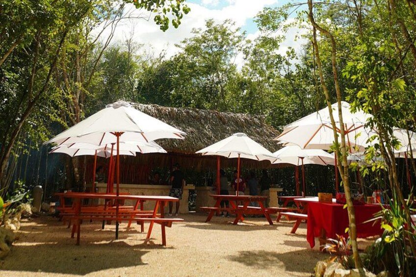An outdoor dining area with tables and umbrellas, surrounded by trees and a thatched-roof structure. 2