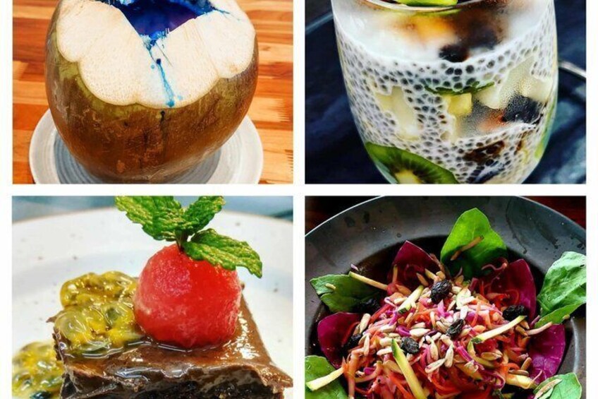 En efterrätt med en jordgubbe på toppen, en drink med frukt och is, en chokladdessert med en jordgubbe och en sallad med grönsaker och nötter. 1