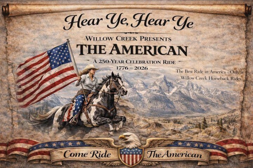 A promotional poster for The American, a 250-year celebration ride from 1776 to 2026, featuring a rider on a horse with an American flag. 2