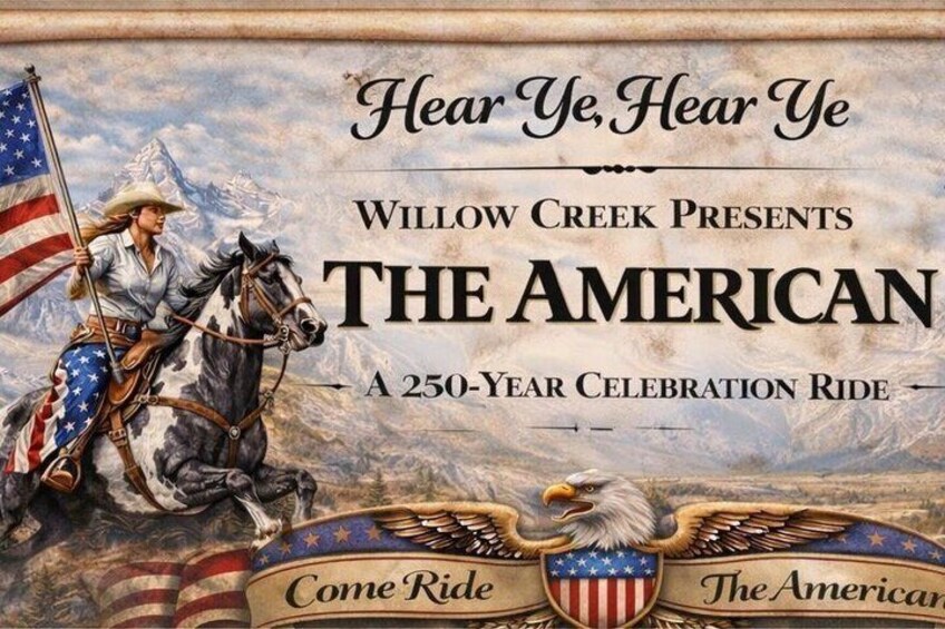 A promotional poster for 'The American' with a woman on a horse, an eagle, and American flags. 1