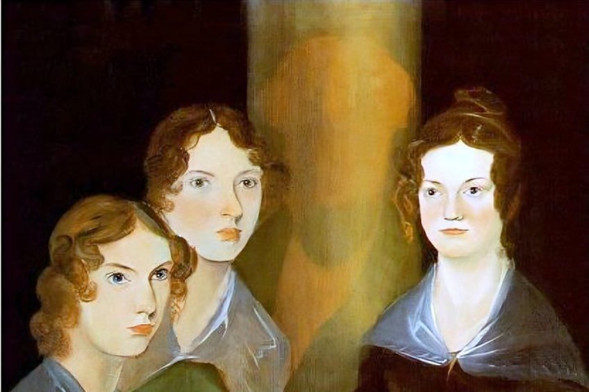 A portrait of three individuals with a column in the background. 1