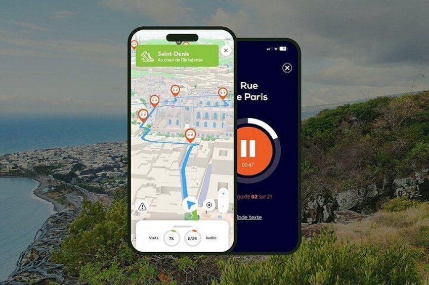 A smartphone displaying a map with a route marked in orange, a play button, and a lock icon. 1