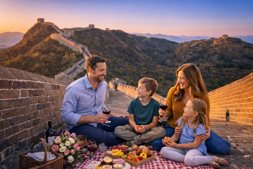A family picnic on the Great Wall of China with a scenic view of the mountains. 1