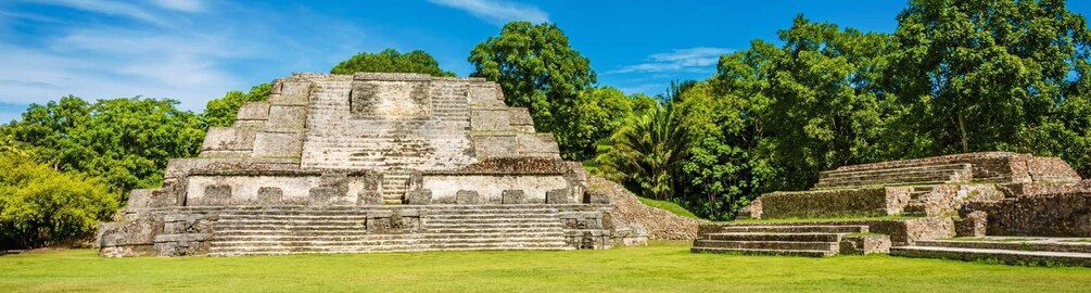 A large ancient pyramid with steps leading up to a flat top, surrounded by lush greenery and trees. 4