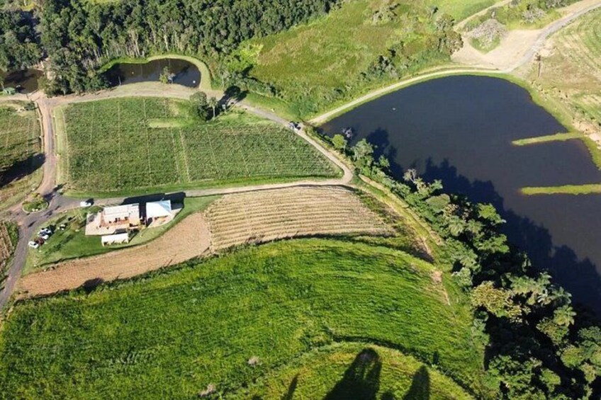 An aerial view of a farm with fields, a pond, and a building. 3