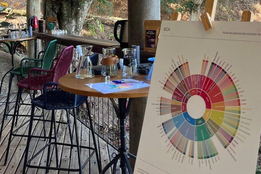 A color wheel chart on a table with chairs and a wooden table in an outdoor setting. 4