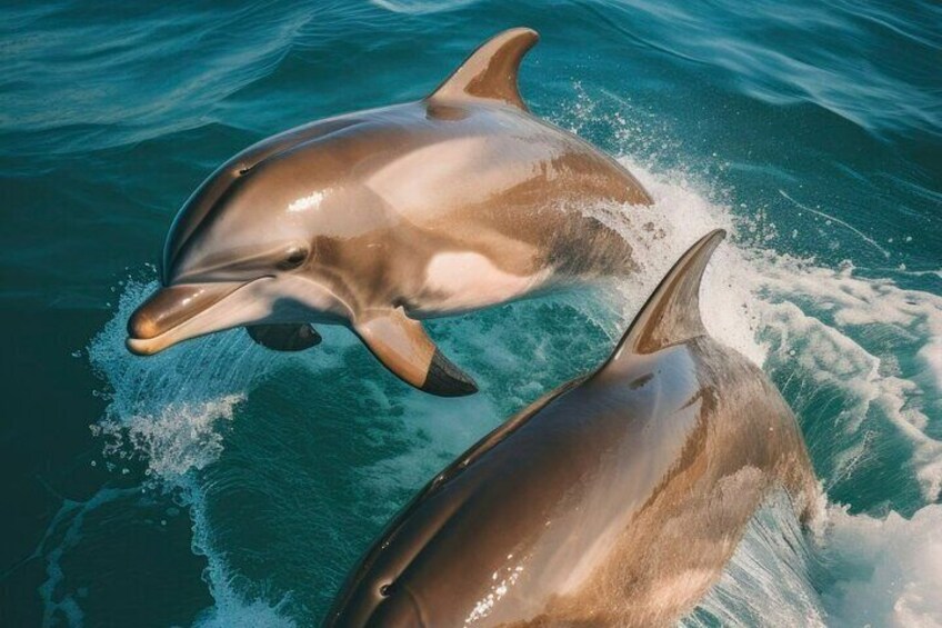 Two dolphins swimming in clear blue water. 2