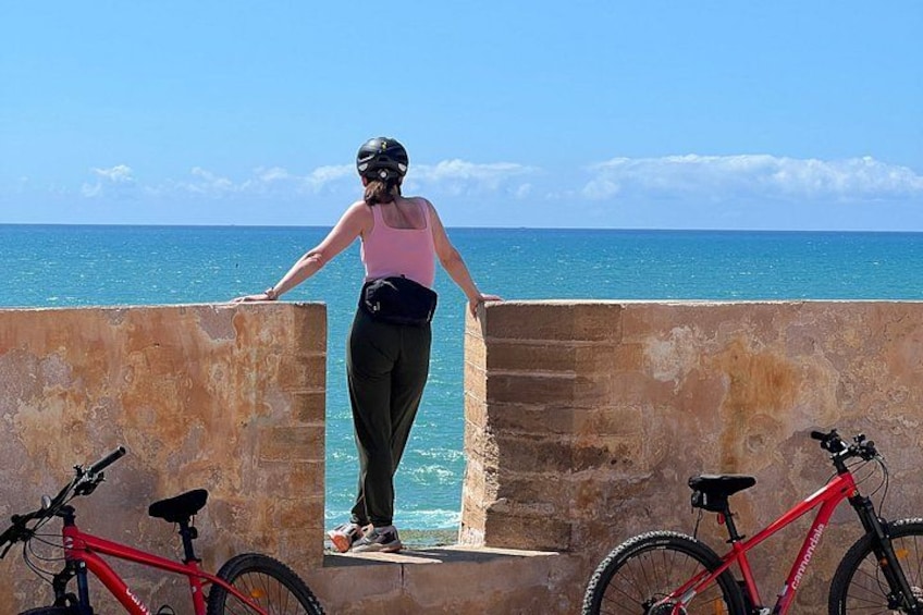A person leaning on a wall by the sea with a bicycle and a helmet. 1
