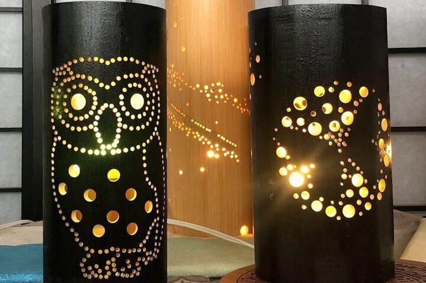 Two cylindrical black lamps with illuminated owl designs. 3