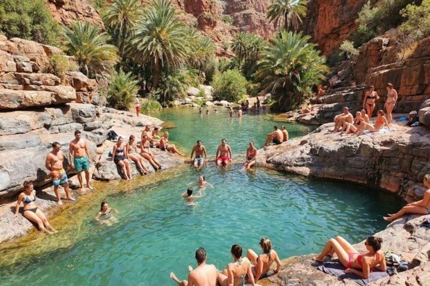 A group of people relaxing in a natural pool surrounded by rocks and palm trees. 4