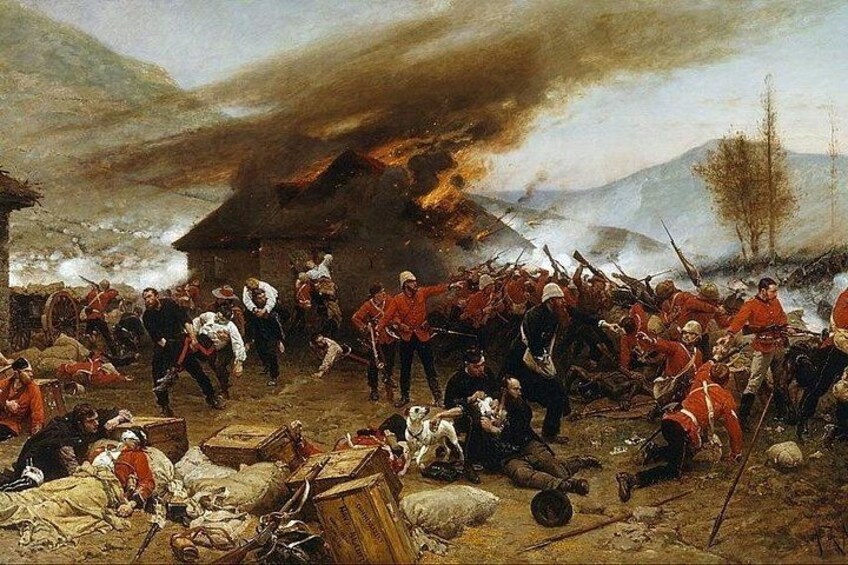 A battle scene with soldiers, a burning building, and smoke in the background. 2