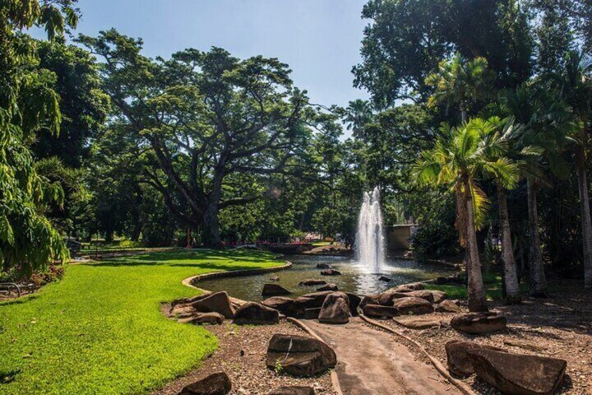 A lush garden with a central water feature, surrounded by large rocks and palm trees. 5