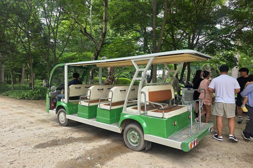 En grøn og hvid golfbil parkeret på en jordvej, hvor folk står ved siden af den. 4
