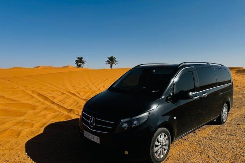 A black Mercedes-Benz minivan parked on a desert with sand dunes and palm trees in the background. 5