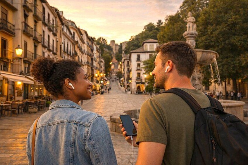 Due persone che camminano su una strada acciottolata, sullo sfondo edifici e una fontana. 4