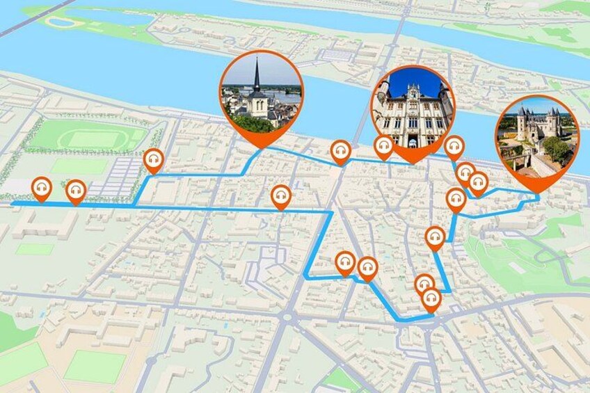 A map with marked locations and a river. 4