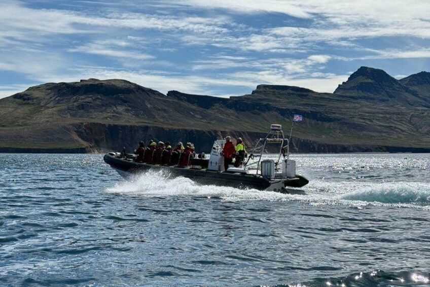 A boat with passengers on a lake with mountains in the background. 5