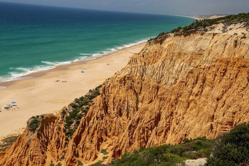 A coastal landscape with a sandy beach, cliffs, and the ocean. 5