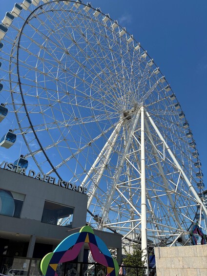A large Ferris wheel with the sign "Vista da Felicidade" in front. 5