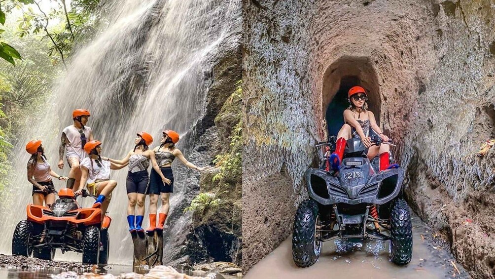 A group of people on ATVs near a waterfall and a person on an ATV in a cave. 2