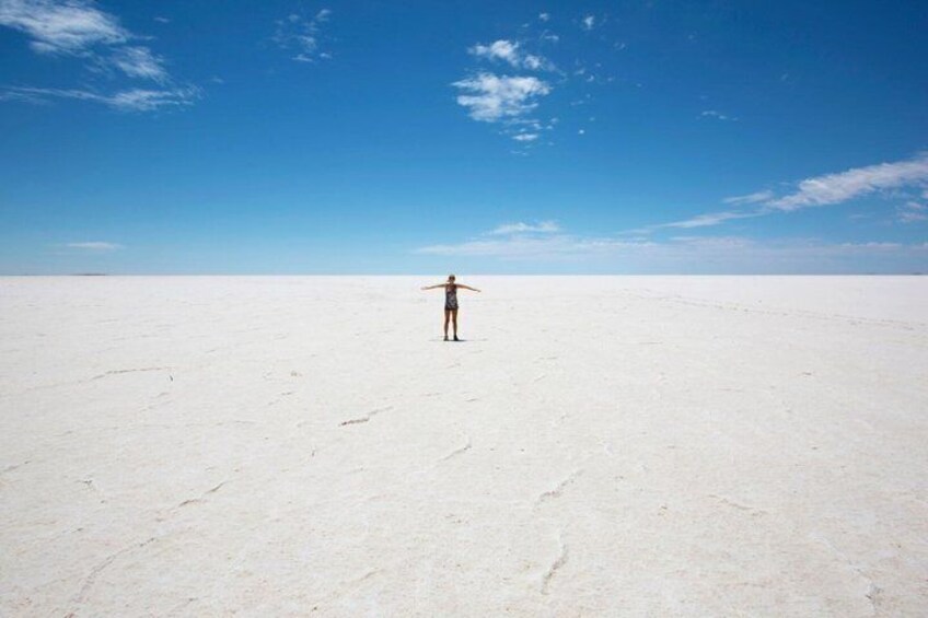 A person standing in a vast white desert with a clear blue sky. 5