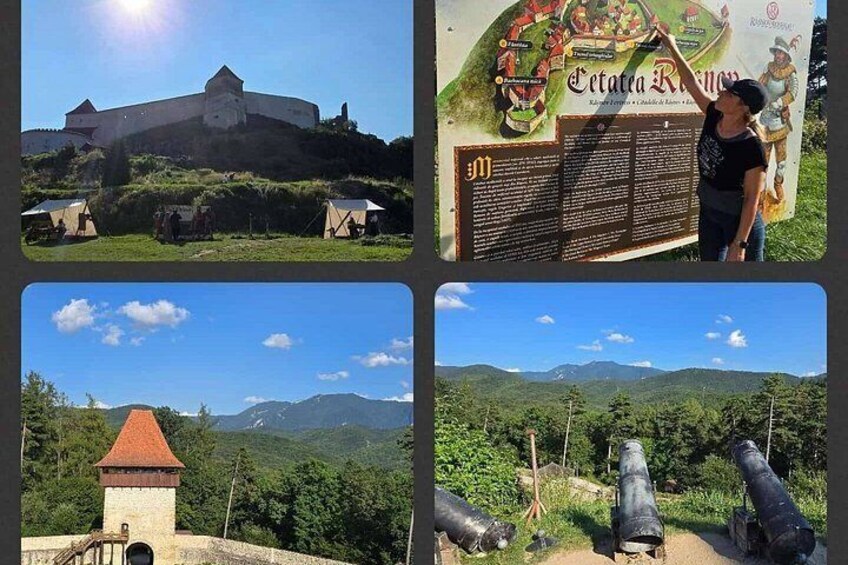 A castle on a hill, a sign with text, and a landscape with mountains. 4