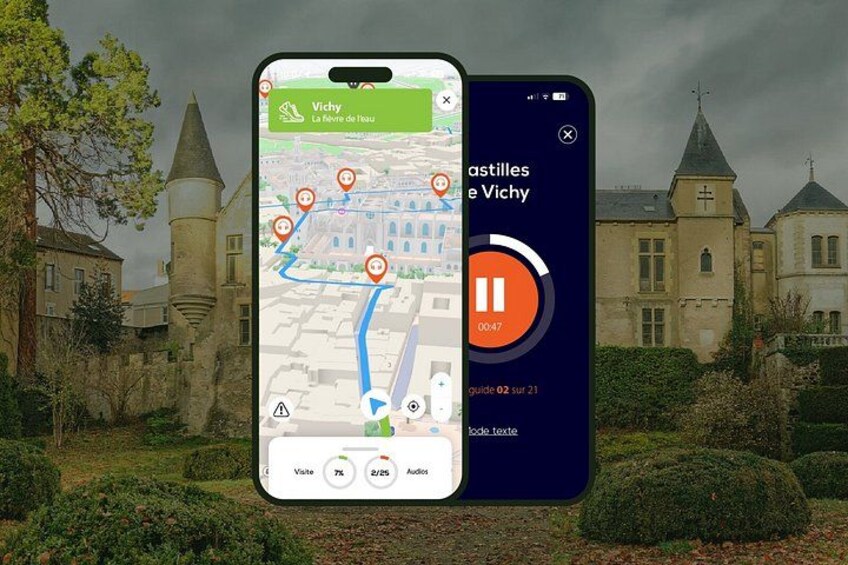 A smartphone displaying a map with a location marked as 'Vichy' and a castle in the background. 1