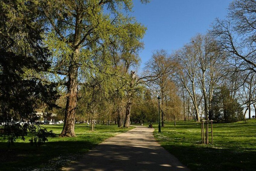 A park with a paved path, trees, and a clear sky. 3