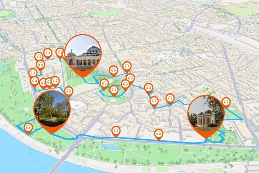 A city map with landmarks and pathways. 4